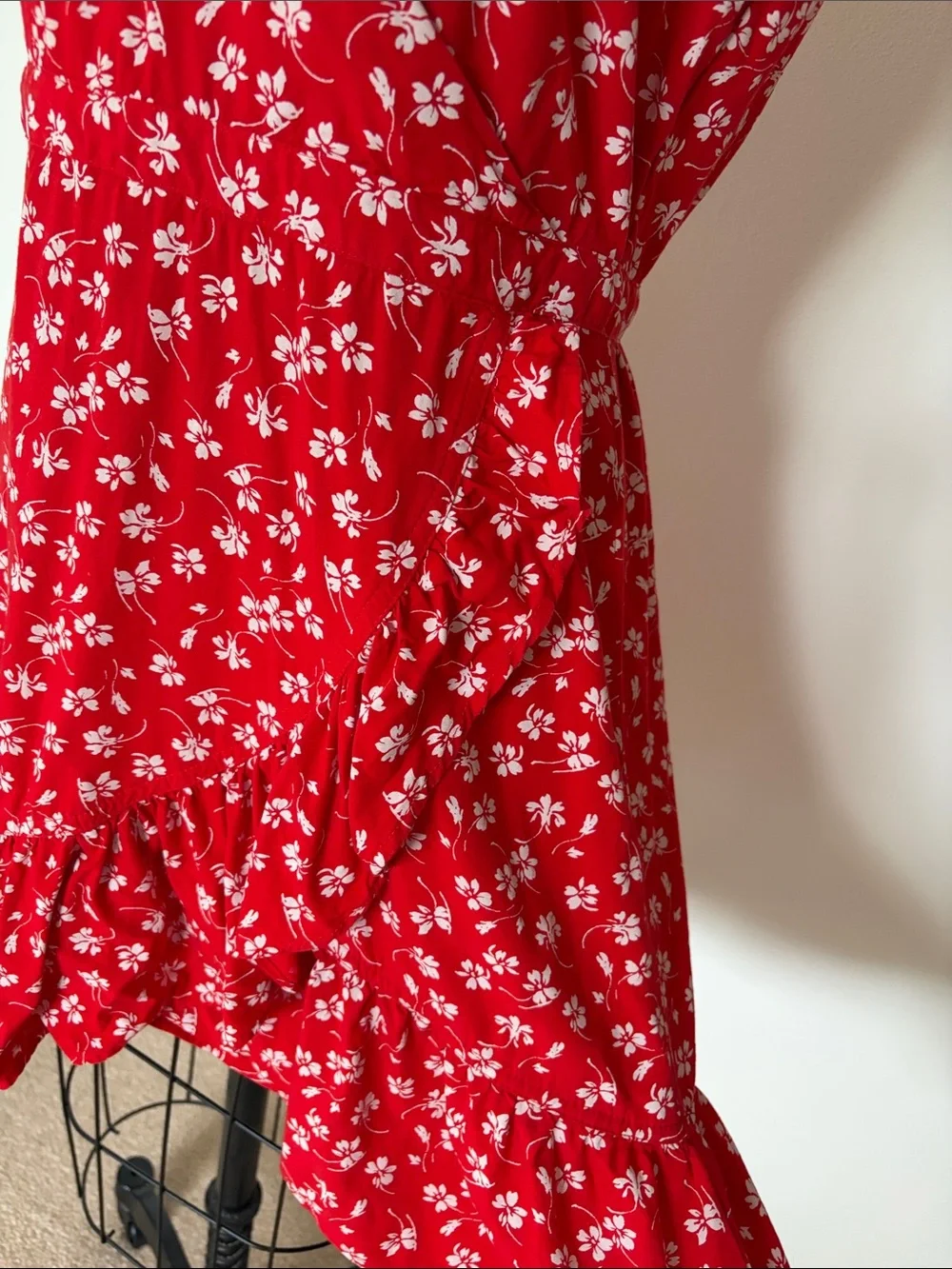 Red Floral Wrap Dress with Ruffle Hem